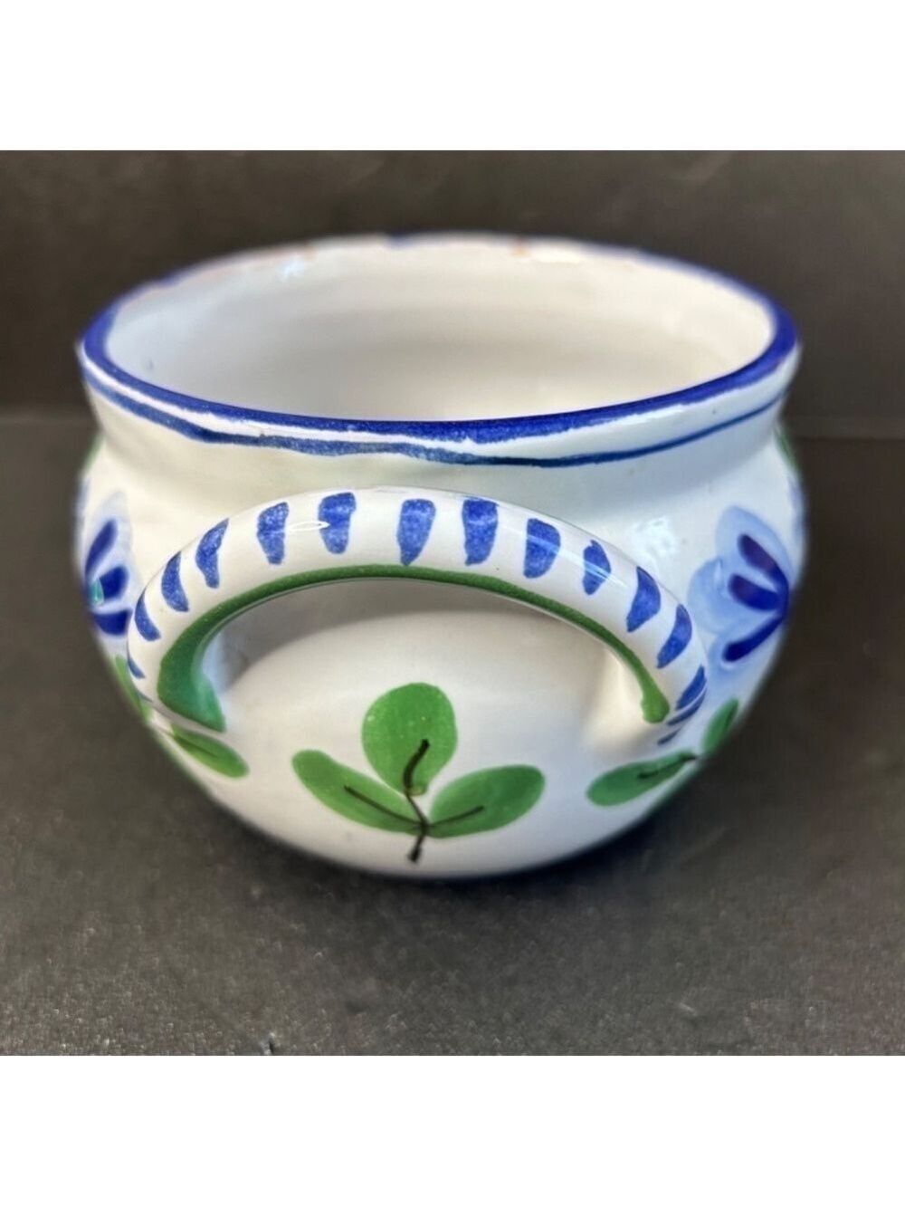 Vintage Italy Ceramic Bowl Handpainted Blue Birds Dual Handles 5.5x3.5 - Picture 2 of 4